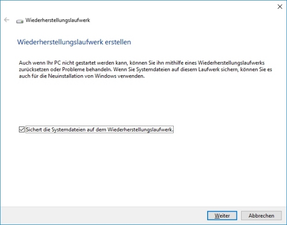 Wiederherstellungslaufwerk erstellen