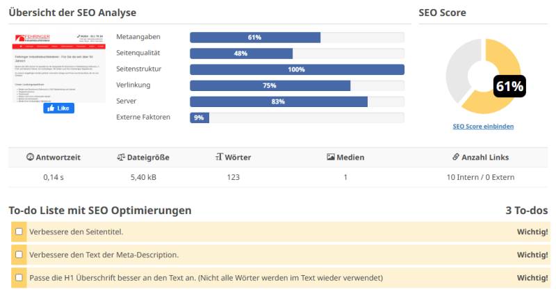 Übersicht der SEO-Analyse von Seobility
