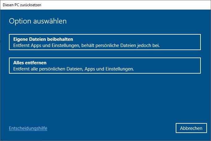 Werkseinstellungen mit oder ohne Datenerhalt